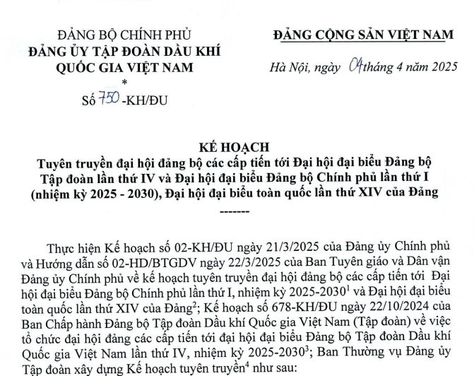 Kế hoạch Tuyên truyền đại hội đảng bộ các cấp tiến tới Đại hội đại biểu Đảng bộ Tập đoàn lần thứ IV và Đại hội đại biểu Đảng bộ Chính phủ lần thứ I”