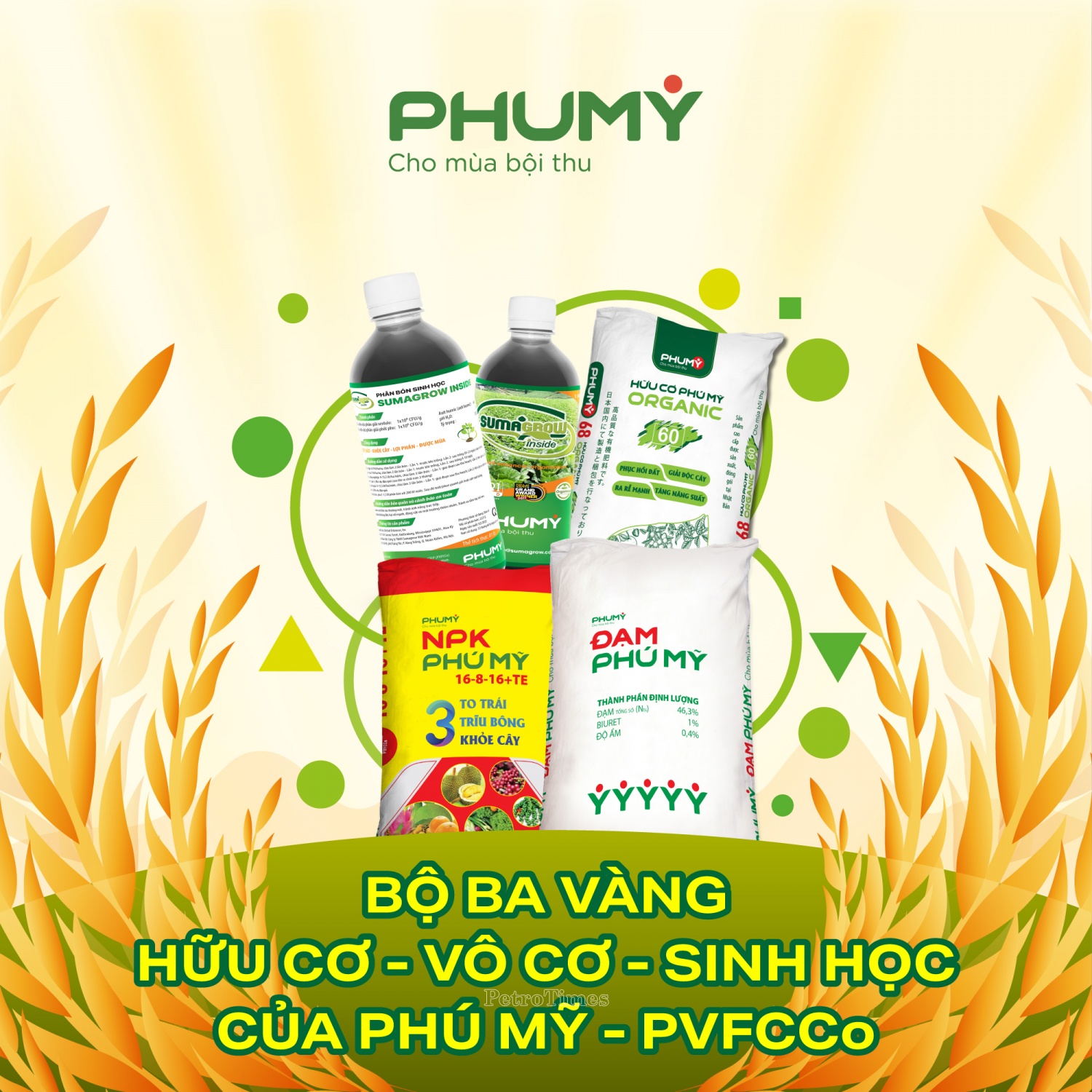 Từ một sản phẩm chủ lực, PVFCCo - Phú Mỹ đã nghiên cứu, phát triển hệ sinh thái dinh dưỡng cây trồng. (Ảnh: Bộ ba vàng vô cơ - hữu cơ - sinh học mang thương hiệu Phú Mỹ).