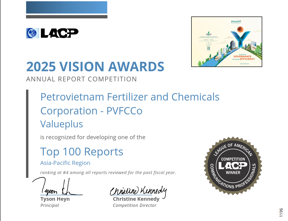 PVFCCo - Phú Mỹ xếp hạng Nhì trong Top 100 Báo cáo thường niên xuất sắc nhất toàn cầu.