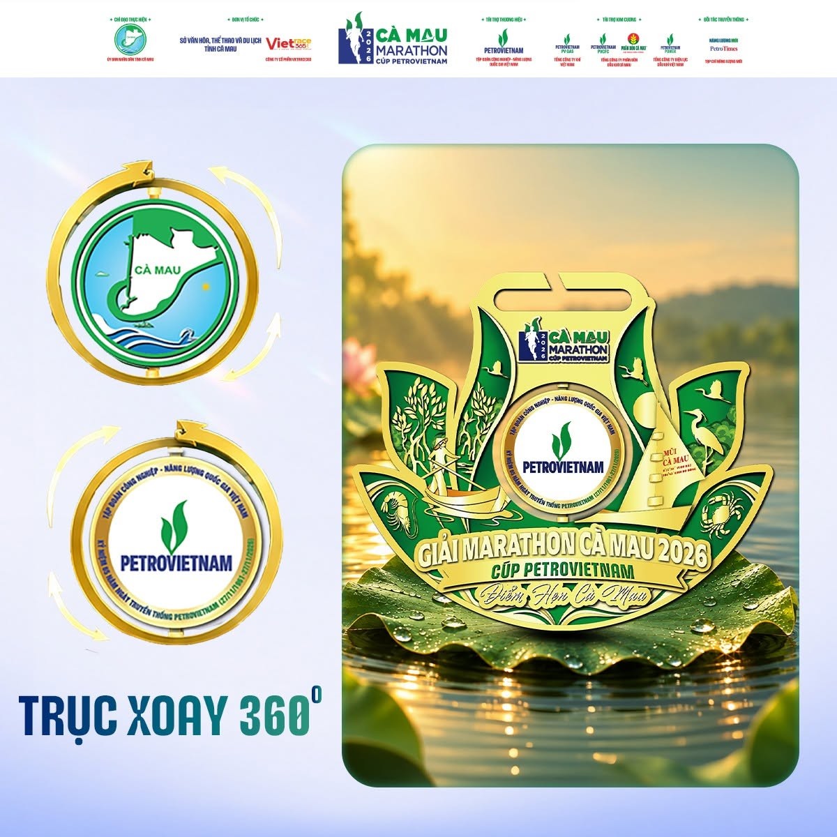 Huy chương hoàn thành tạo điểm nhấn với thiết kế trục xoay 360 độ. Không chỉ là vật phẩm lưu niệm, huy chương còn ghi dấu khoảnh khắc vận động viên hoàn thành mục tiêu trên đường chạy Cà Mau Marathon 2026.