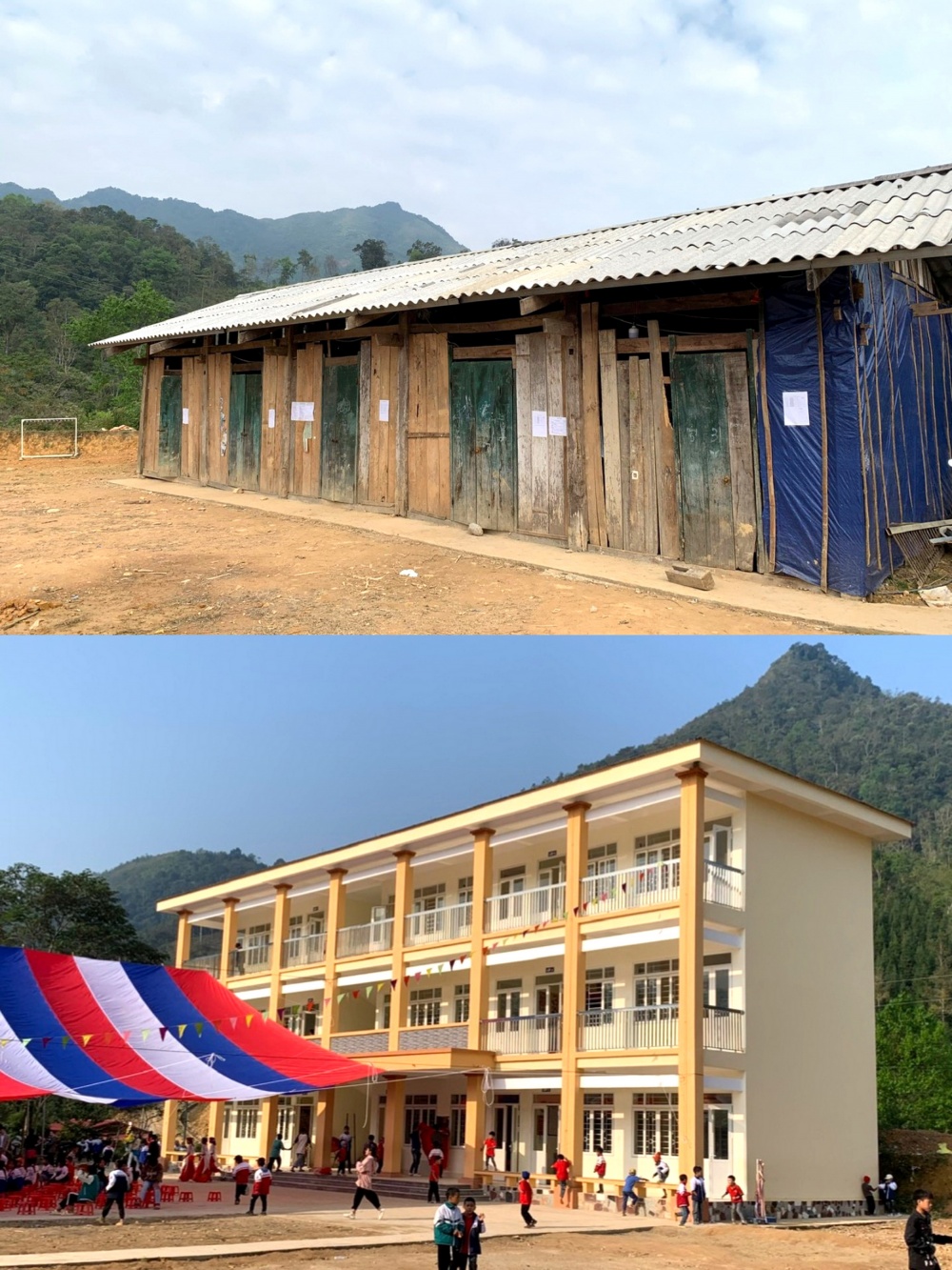  H2. Hình ảnh trường Phổ thông dân tộc bán trú Tiểu học và Trung học cơ sở Hưng Thịnh trước và sau xây dựng mới