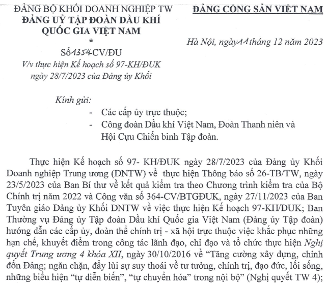 CV 1354 vv thực hiện kế hoạch 97 của DUK”