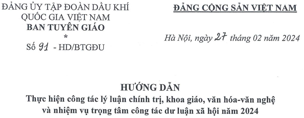 Hướng dẫn thực hiện công tác lý luận chính trị, khoa giáo, văn hóa - văn nghệ và nhiệm vụ trọng tâm công tác dư luận xã hội năm 2024”