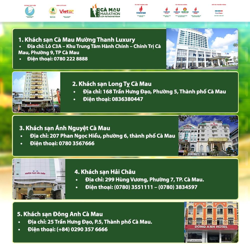 Gợi ý địa điểm lưu trú cho các VĐV tham gia giải Marathon - Cà Mau 2024 Cúp Petrovietnam Gợi ý địa điểm lưu trú cho các VĐV tham gia giải Marathon - Cà Mau 2024 Cúp Petrovietnam