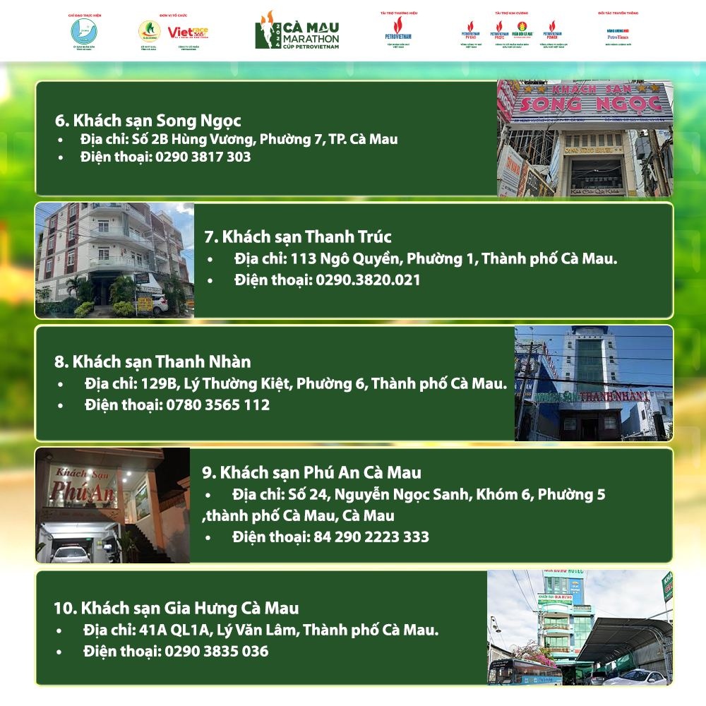 Gợi ý địa điểm lưu trú cho các VĐV tham gia giải Marathon - Cà Mau 2024 Cúp Petrovietnam Gợi ý địa điểm lưu trú cho các VĐV tham gia giải Marathon - Cà Mau 2024 Cúp Petrovietnam